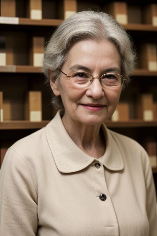 A close up of a woman in glasses standing in front of a book shelf ...