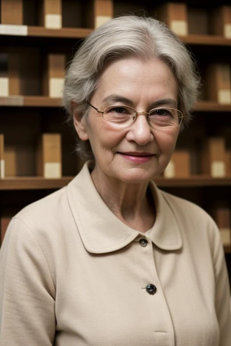 4. ((best quality)), ((masterpiece)), ((detailed)), elderly librarian in a serene library setting, (gentle smile and wisdom in the eyes:1.2), [kind brown eyes], [traditional librarian attire], (surrounded by shelves of books:1.3), [quiet library backdrop], (capturing the love for knowledge:1.2), [occupational realism], (8k resolution:1.2)
