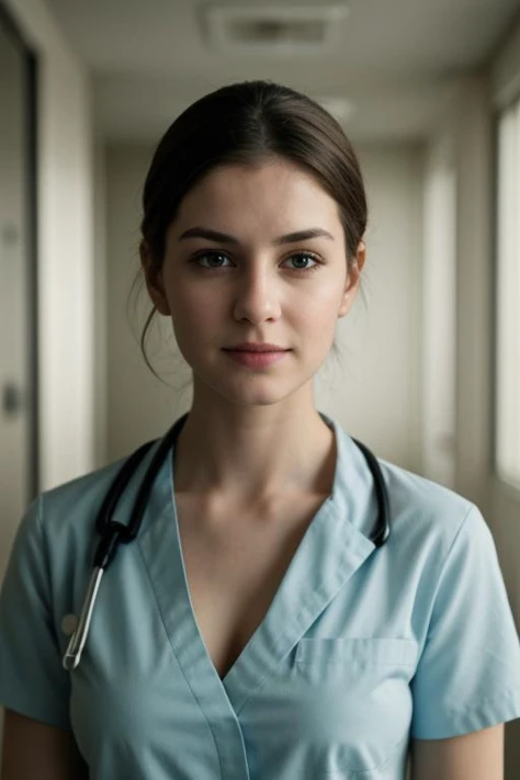 5. ((best quality)), ((masterpiece)), ((realistic)), portrait of a young nurse in a hospital, (compassionate expression and professionalism:1.2), [caring green eyes], [scrubs and medical equipment], (busy hospital environment:1.3), [healthcare setting], (highlighting the dedication to patient care:1.2), [occupational realism], (8k resolution:1.2)