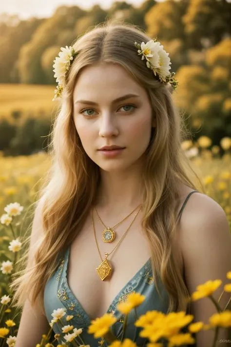 2. ((best quality)), ((masterpiece)), ((detailed)), portrait of Freyja, the Norse goddess of love and beauty, (love and allure in her eyes:1.2), [captivating blue eyes], [Norse-inspired attire with a magical necklace], (surrounded by blooming flowers and golden fields:1.3), [enchanted Norse meadow setting], (capturing the beauty and charm of the goddess of love:1.2), [mythological realism], (8k resolution:1.2)