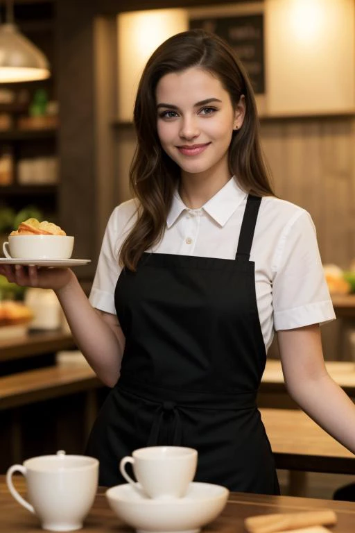 1. ((best quality)),((masterpiece)),((realistic)),portrait of a young waitress in a bustling cafe,(friendly smile and efficient demeanor:1.2),[expressive brown eyes],[apron and tray in hand],(casual yet professional attire:1.3),[busy cafe background],(capturing the essence of hospitality:1.2),[occupational realism],(8k resolution:1.2),