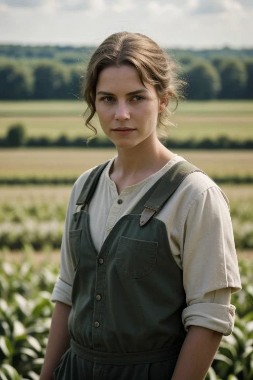 10. ((best quality)), ((masterpiece)), ((detailed)), portrait of a farmer in a lush agricultural field, (weathered yet warm expression and connection to the land:1.2), [wise hazel eyes], [farm attire with tools], (expansive farm landscape:1.3), [rural backdrop], (capturing the hard work and dedication in agriculture:1.2), [occupational realism], (8k resolution:1.2)