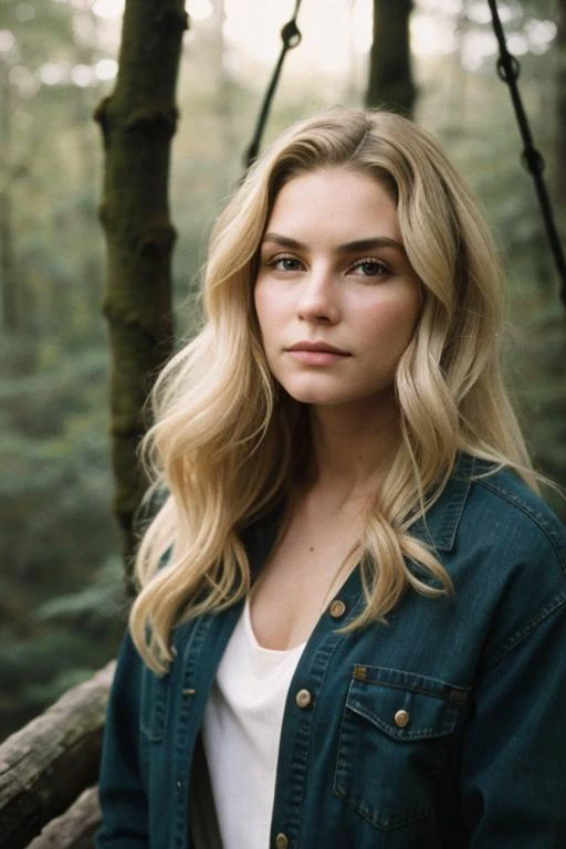 photograph of a woman, (baffled facial expression), textured skin, goosebumps, dirty blonde half-up half-down hair, oversized flannel shirt with ripped skinny jeans and combat boots, portrait, peaceful canopy walkway high above the forest floor offering a unique perspective on nature, perfect eyes, (chiaroscuro), Velvia 100 color, shot on Ilford HP5 Plus, bokeh, sharp focus on subject, shot by David Lachapelle