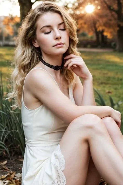 an amateur photo from the Amateur and RealGirls subreddit,([Karen Gillan|Alicia Vikander|person]:0.8),sitting on the floor,wearing a white dress,(legs crossed, meditating, meditation, eyes closed, peaceful expression),an innocent,stunning,beautiful,gorgeous,perfect,cute,18-year-old British girl,sexy,flirty,messy blonde hair,detailed eyes,detailed iris,expressive face,expressive eyes,((beautiful vibrant sunrise)),(in a park, autumn, city park),(thin, low BMI, fitgirl body, pubic hair),(realistic face, perfect eyes, perfect face:1.1),((undercut)),goth makeup,winged eyeliner,wearing a choker,vivid colours,HDR,hard shadows,art photography,soft focus,masterpiece,breathtaking,atmospheric perspective,diffusion,pore correlation,skin imperfections,80mm Sigma f2,depth of field,intricate natural lighting ,<lora:add_detail:1>,
