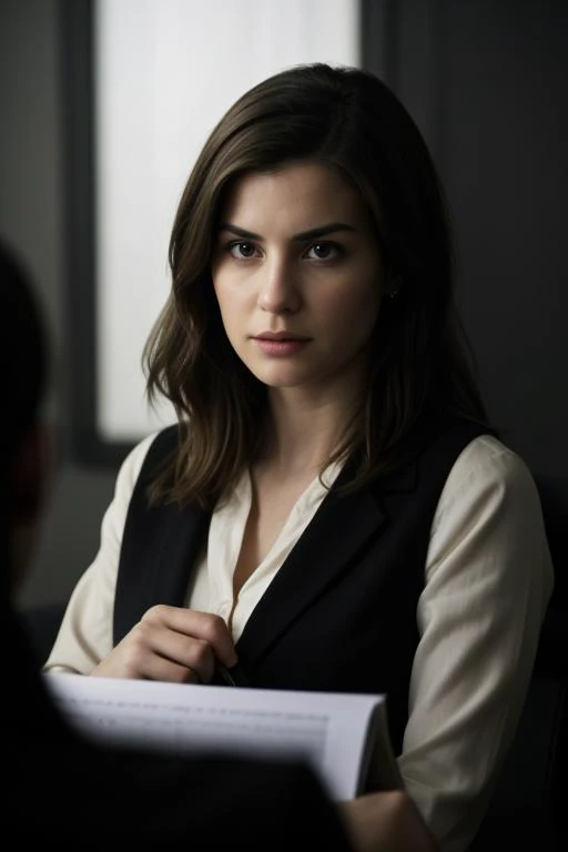 1. ((best quality)), ((masterpiece)), ((detailed)), portrait of Emily, the Investigative Journalist, (intense focus and determination in her eyes:1.2), [sharp brown eyes], [professional attire with a notepad and camera], (conducting an investigative interview in a dimly lit room:1.3), [investigative setting with confidential documents and evidence], (capturing the intensity and dedication of the investigative journalist:1.2), [journalistic realism], (8k resolution:1.2)