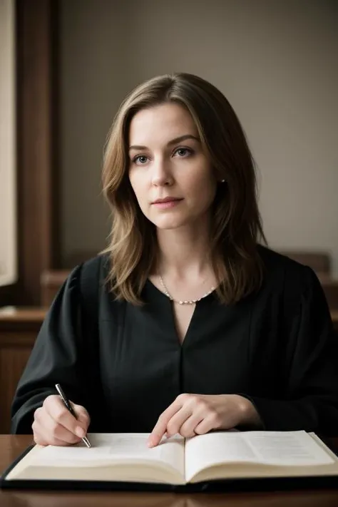 ((best quality)),((masterpiece)),((detailed)),portrait of Judge Harper,the Maven of Legal Precedents,(analytical expression and reliance on legal precedents in her eyes:1.2),[dynamic blue eyes],[judicial attire with a judge's robe and a stack of legal books],(applying legal precedents with meticulous consideration:1.3),[courtroom backdrop with an emphasis on legal precedent-related motifs and an analytical atmosphere],(capturing the analytical prowess and reliance on legal precedents of Judge Harper, the maven of legal precedents:1.2),[judicial realism],(8k resolution:1.2),