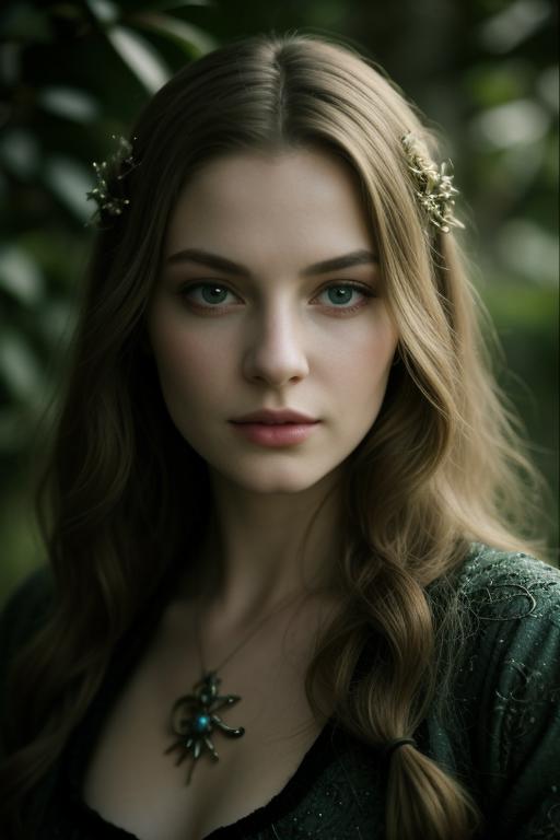 A woman with long hair wearing a necklace and a green dress - SeaArt AI