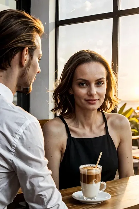 (masterpiece, best quality), female middle-aged, elegant, european, amber eyes, high jawline, uneven forehead, tongue, salt and pepper half-up, half-down hairstyle hair, worry wearing culottes, scoop-neck top, heels, , teasing look, gazing with a playful and teasing expression, igniting curiosity and attraction, sunrise lighting, the soft, gradual light of a sunrise, symbolizing new beginnings and hope, a cheerful café, with the aroma of freshly brewed coffee and friendly conversation