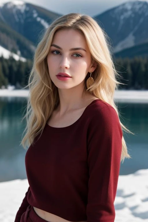 portrait, Belle, Tall, Fit, Oval Face, Tan Skin, Platinum Blonde Hair, purple Eyes, Short Nose, Thick Lips, Receding Chin, Long Hair, Wavy Hair, Smooth Waves, saggy breasts, Clip-on earrings, rust satin lipstick, A lightweight sweater with corduroy pants and sneakers, A rainbow over a mountain lake surrounded by snow capped peaks, X-shape, Focal Point, Cracks, Lightning