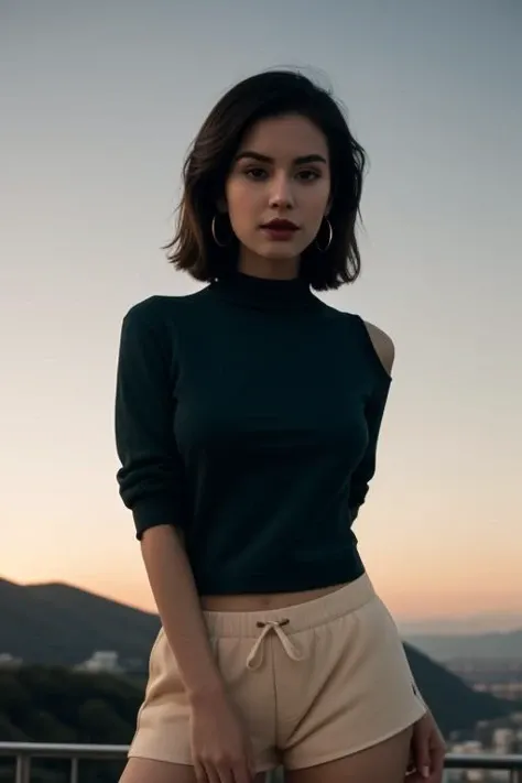portrait, Enchantress, Average Height, Fit, Oval Face, Tan Skin, Black Hair, teal Eyes, Narrow Nose, Thin Lips, Sharp Chin, Shoulder-Length Hair, Fine Hair, Low Updo, natural breasts, Hoop earrings, violet matte lipstick, A lightweight sweater with shorts and sneakers, A dramatic sunset over a mountain range, Chromatic, Anime, Deformation