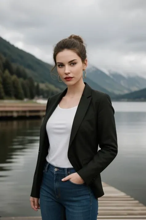 portrait, Chanteuse, Average Height, Slim, Round Face, Olive Skin, Blonde Hair, yellow Eyes, Short Nose, Full Lips, Sharp Chin, Shoulder-Length Hair, Curly Hair, Sleek Bun, round breasts, Hoop earrings, rose gloss lipstick, A plaid blazer with a white tee and jeans, A misty lake surrounded by mountains with a wooden pier, Leading Lines, Static, Snow, Doodle