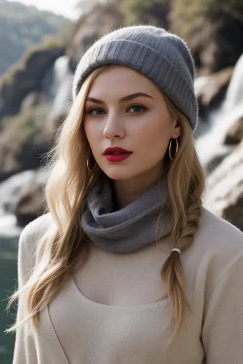portrait, Miss, Short, Thin, Square Face, Tan Skin, Platinum Blonde Hair, ice blue Eyes, Short Nose, Thick Lips, Prominent Chin, Long Hair, Thick Hair, Fishtail Braid, small breasts, Hoop earrings, lavender sheer lipstick, Sweater with a scarf, beanie and gloves, A serene waterfall cascading down a steep cliff, Contracting, Monochromatic, Cubist