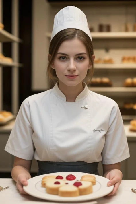 ((best quality)),((masterpiece)),((detailed)),portrait of Isabella,the French Patisserie Virtuoso,(artistic expression and French pastry mastery in her eyes:1.2),[expressive blue eyes],[patisserie attire with a chef's hat and baking tools],(crafting exquisite French pastries in a charming patisserie:1.3),[elegant patisserie backdrop with delicate pastries and delighted customers],(capturing the elegance and artistry of the French patisserie virtuoso:1.2),[pastry realism],(8k resolution:1.2),<lora:HandFineTuning:-0.3>,