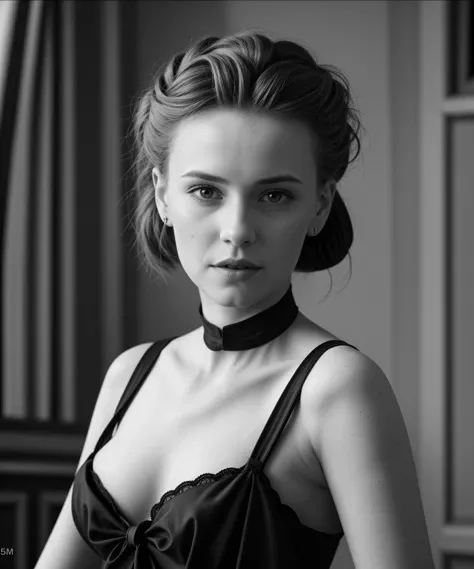 Masterpiece, ((Emma Mauregord:Audrey Hepburn:0.5)), the epitome of French beauty and allure, exudes seduction in this photorealistic image. Clad in black lingerie, her full body is a testament to perfection, gorgeously sculpted and curves in all the right places. Her long, wavy hair is tied up in a sleek bun, a few loose strands framing her face and cascading over one eye, adding to her mystery and allure. Her expressive eyes, dark and enchanting, peer out at the viewer with a seductive facial expression that leaves no doubt as to her intentions. This phot