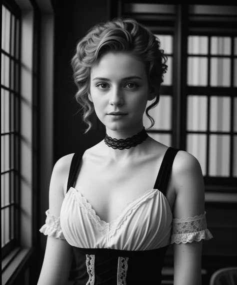 1900s \(style\) photo of 20 year old jp-Kraasni-50 ,Gibson Girl look, rosy cheeks, Delicate lace teddy, choker, Vintage train car, lace curtains, Graflex 4x5, 135mm f/4.5, 1/2s, ISO 50, Ilford Pan F