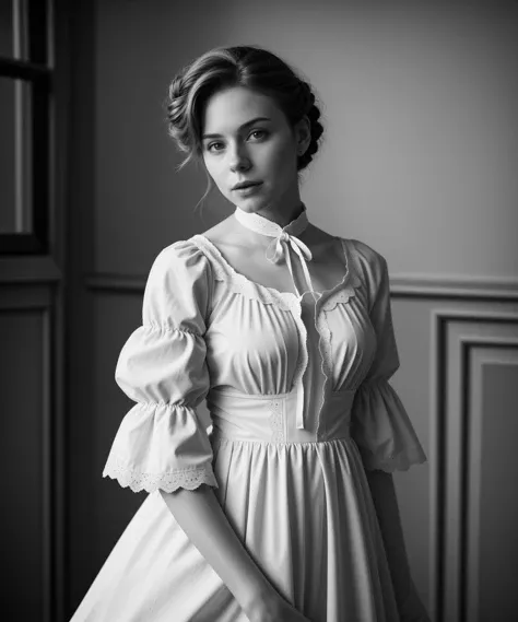 1900s \(style\) photo of  20 year old  jp-Fluer ,Edwardian updo, soft powder , Ankle-length cotton nightgown with high collar, puffed sleeves, and lace insertions , Victorian room , Kodak No. 4 Cartridge, 105mm f/8, 1/10s, ISO 25, Albumen Plate