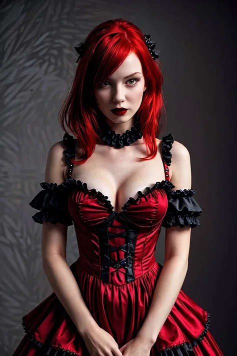 Image with acrylic paint, hyperrealism, Gothic style.
A girl in a Gothic tutu dress, a corset, hair with red strands, in thick braids, striped knitted stockings, high boots, Gothic makeup, full-length, medium plan, a view straight from the bottom up.