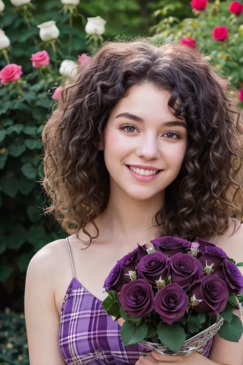 closeup portrait of a beautiful 24yo female, solo, skinny, (pale skin)0.5, (freckles)0.6, (long curly perm hairstyle, black haircolor)+, flannel dress, cute face, light smile, blushing, dimples, (cottage rose garden covered in a colorful bouquet of sterling silver purple roses)+, pov face, natural lighting