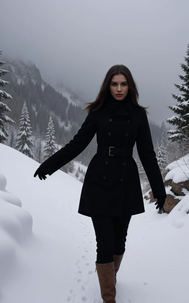 (cowboy shot, solo-focus, cinematic photoshoot of perfect seductive young woman Navigating a Treacherous Mountain Path in a Blizzard:1.3), perilous journey along a snow-laden mountain path, with fierce blizzard winds sculpting surreal snowdrifts and ice formations, under a brooding, stormy sky.