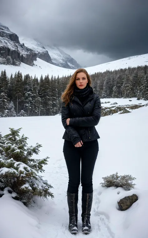 ((best quality)),((masterpiece)),((detailed)),(portrait of a stylish woman, young adult european woman, highly detailed background:1.2), volumetric lighting, subsurface scattering, (special effects, color grading, fantasy aura), (cowboy shot, solo-focus, cinematic photoshoot of perfect seductive young woman Navigating a Treacherous Mountain Path in a Blizzard:1.3), perilous journey along a snow-laden mountain path, with fierce blizzard winds sculpting surreal snowdrifts and ice formations, under a brooding, stormy sky.