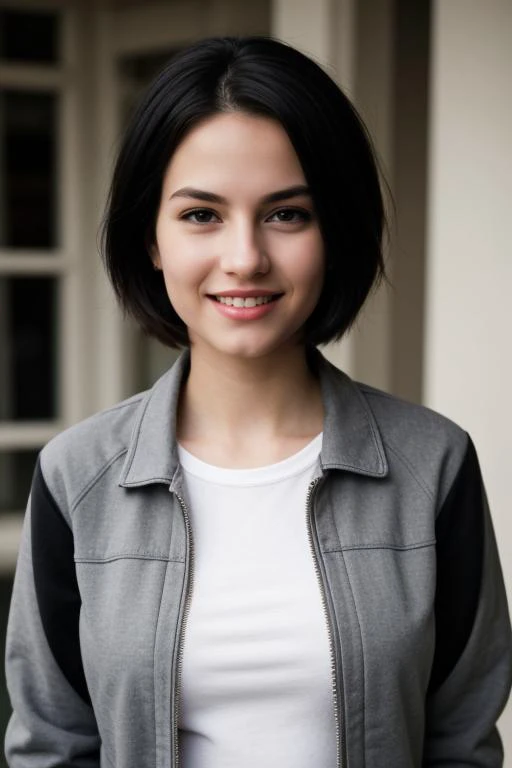 1girl,(tomboy:1.5),black hair,messy hair,grey eyes,residential area,crew neck,(crew cut:1.2),unzipped jacket,crazy grin,masterpiece,best quality,((intricate)),nice hands,perfect hands,8k,Best quality.,