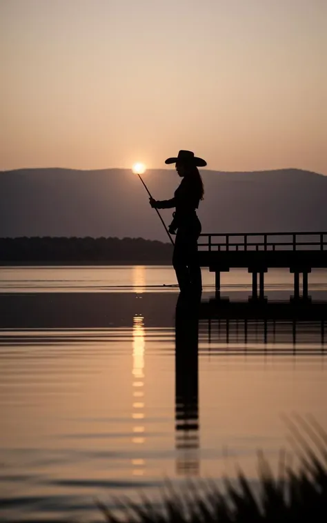 (cowboy shot, solo focus, cinematic photoshoot of perfect seductive young woman Fishing at the End of a Tranquil Pier:1.3), peaceful pier extending into a glasslike lake, reflecting a pastel sunrise, while a lone figure fishes in harmony with the stillness of the morning.
