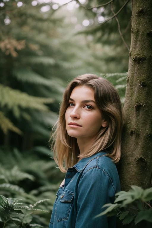 photograph of a woman,(baffled facial expression),textured skin,goosebumps,dirty blonde half-up half-down hair,oversized flannel shirt with ripped skinny jeans and combat boots,portrait,peaceful canopy walkway high above the forest floor offering a unique perspective on nature,perfect eyes,(chiaroscuro),Velvia 100 color,shot on Ilford HP5 Plus,bokeh,sharp focus on subject,shot by David Lachapelle,