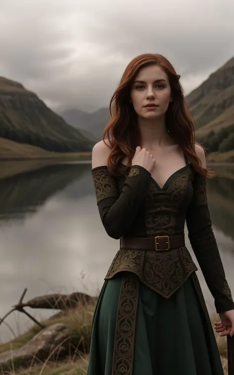 outdoor Scottish highlands, vivid sunset hues, fantasy setting. A striking redhead woman, (distinctly Scottish), wearing an elaborate elven inspired gown is a fusion of deep emerald green and earthy browns, with intricate Celtic knotwork embroidery in gold thread, Flowing sleeves, a fitted bodice+, short skirt , fiery red hair is styled in a cascade of loose curls, green eye, stands atop a grassy knoll, overlooking a misty loch. In her hands, she holds an ancient, rune carved staff, emanating a soft, other worldly glow.,