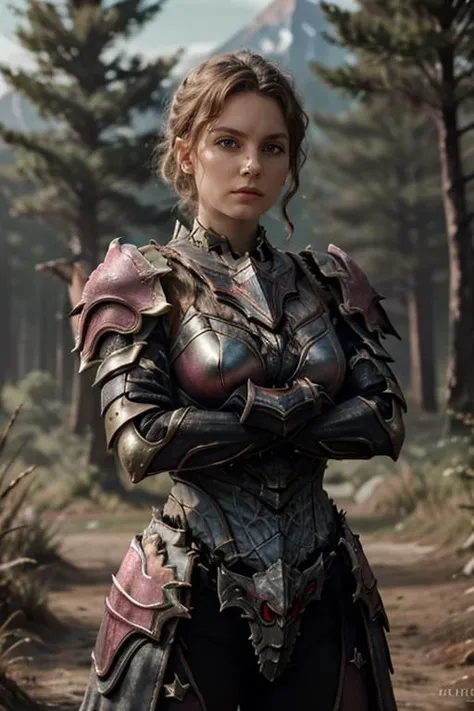 forest,<lora:HXarmour_023:0.7>,mountain,Crossed arms,, hxarmour,1girl,(pink armour:1.3),, ultra-detailed,extremely delicate and beautiful,(by exquisite colors block),masterpiece,best quality,unreal engine 5 rendering,movie light,movie lens,movie special effects,detailed details,HDR,UHD,8K,CG wallpaper,