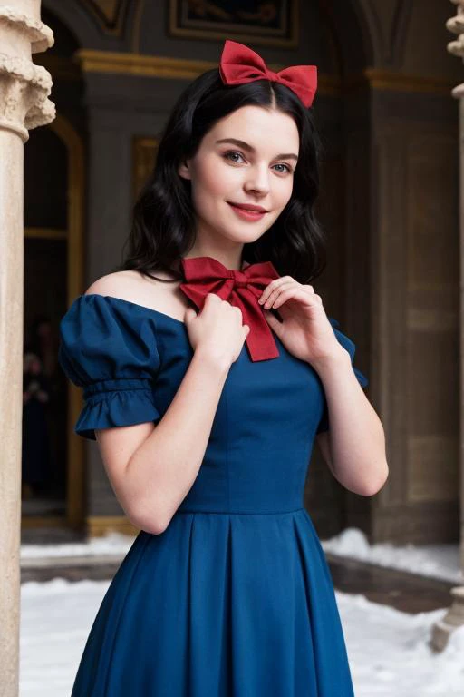 20yo Snow White, (happy:1.2), in palace, (blue dress:1.1), (black hair:1.1), (red bow:1.1), surrounded by animals, flowers, sunny, nice hands, perfect hands, 8k, Best quality, illustration.