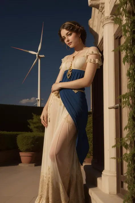 1girl, (designed by J.M.W. Turner:0.9) and (Giovanni Battista Tiepolo:1.2) and (Harold Cazneaux:1.1) , exquisite Cinematic still, intricate details, Fashion shot of a Mediterranean ([Offshore wind farm|Bookend]:1.3) , it is very Repressive and higher class, it is engraved with dark blue and Worn-Out details, it is with Orange accessories, background is [Dystopian|Fallacious] vegetation, lush street with Banyan, at Blue hour, deep focus, Regret, Aestheticism, back-light, Depth of field 270mm, complementary colors, Brown outlines, symbolism, High quality, photolab, charming
