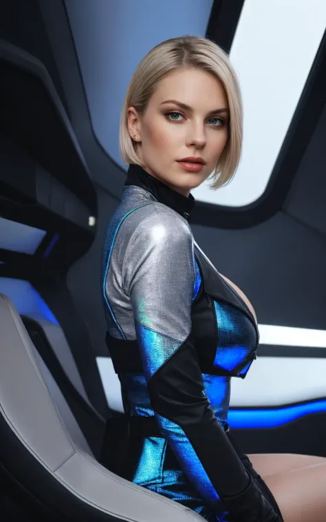((best quality)),((masterpiece)),((detailed)),(portrait of a stylish woman, young adult european woman, highly detailed background:1.2), volumetric lighting, subsurface scattering, (special effects, color grading, fantasy aura), (over the shoulder:1.1), movie still, side view, spaceship cockpit, beautiful young skinny auburn caucasian adult woman sitting in spaceship cockpit looking over shoulder at viewer, glowing holographic instruments, (beautiful face:1.11), from behind, smart fabric jumpsuit:1.3, lightweight structured jacket with sharp geometric lines, utility belt, kneehigh boots, fingerless gloves, (large spaceship cockpit with highly polished flooring and stellar view), backlit hair, perfect face, (pale freckles:0.6), (black and silver accents), perfect eyes, (studio lighting:0.3), low key, thin pouting lips, (white bob hair, ombre++ hair:1.2), wide set soft+ turquoise++ eyes, skin pores, (small retrousse nose:1.2), (pale skin), ultra detailed, (Intricate Environment)++, best quality, masterpiece, dramatic angle, highest detailed face, eyelid shimmer makeup, silver eyeshadow, iridescent cheekbones, muted rose lips, deep space blue, BREAK, starlight silver, nebula pink, and black hole black, planetary rings, asteroid clusters, geometric shapes, angular contours, Holographic control panels, chiaroscuro effects, reflective surfaces, starfilled skies, distant galaxies, Chrome finishes, brushed steel, shimmering surfaces, iridescent materials, Minimalist design, clean lines, modernistic details, 8k, best quality, masterpiece, (large covered breasts:0.9)