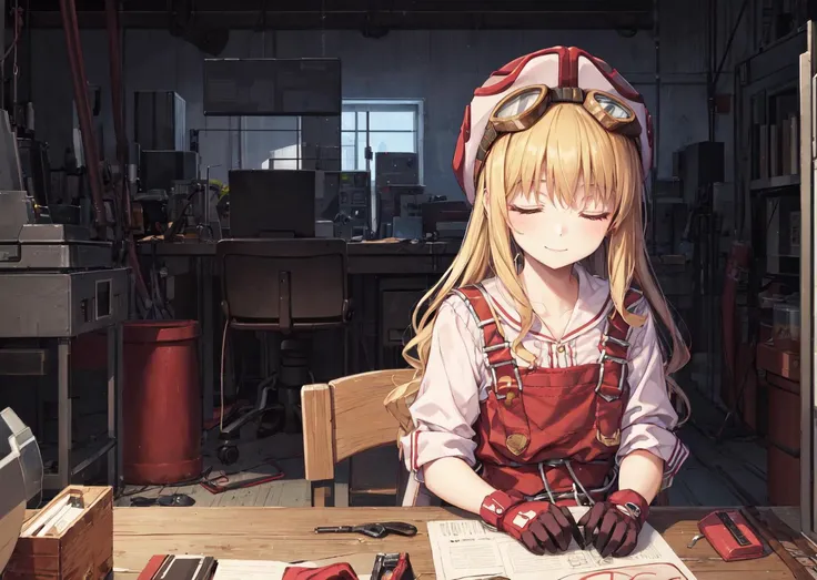 masterpiece:1.2, best quality, 1girl, smile ,hat , goggles, sleeping, workstation, mechanics, machines,  <lora:tita:0.8>
