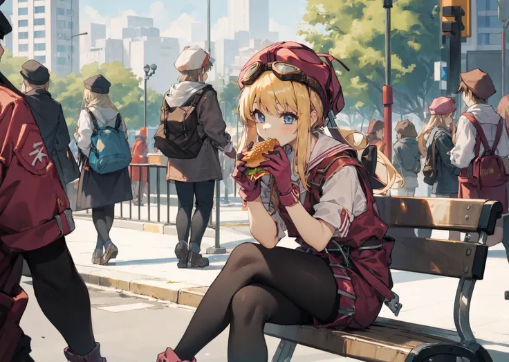 masterpiece:1.2, best quality, 1girl,hat , goggles, sitting, city park, park bench, crowd, eating, cheese burger <lora:tita:0.8>