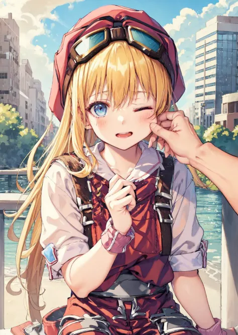 masterpiece:1.2, best quality, 1girl,hat , goggles, sitting, city park, cheekpinching, cheek pinching, holding ,upper body ,one eye closed ,looking at viewer , pov <lora:tita:0.8> , <lora:cheekpinching-12:0.8>