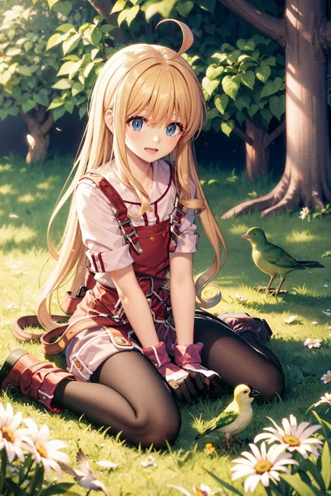 masterpiece, best quality, <lora:tita:1>,1girl, long hair, blue eyes, blonde hair, sitting, flower, open mouth, smile, overalls, bird, ahoge, outdoors, red footwear, wariza, solo, short sleeves, shirt, animal on shoulder, day, :d, bird on shoulder, grass, boots, animal, very long hair, thighhighs, field, pantyhose, pink shirt, hand between legs, white flower, overall shorts, between legs, bangs, black pantyhose, blush, sky, flower field, full body, bug, black thighhighs, belt, shorts,(kbxll:0.8)