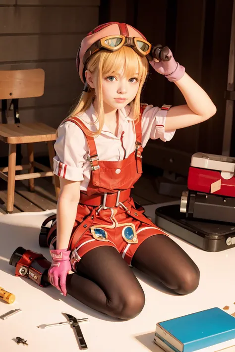 masterpiece, best quality,realistic,<lora:tita:1>,1girl, blue eyes, gloves, blonde hair, goggles, solo, screwdriver, pantyhose, wrench, hat, goggles on head, sitting, wariza, smile, black pantyhose, shorts, tools,boots, blush, overalls, belt, full body, apron, sidelocks, short hair, long hair, pink gloves, shirt