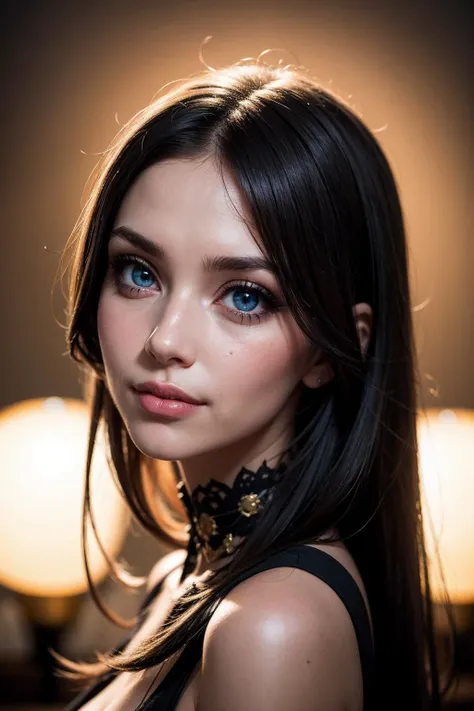 an eye contact of a Russian woman, yellow spotlight, lonely, Lavish, Matte black eyeshadow with a cut crease, metallic lipstick, golden ratio, Almond-shaped eyes, indietronica, soft lighting, bokeh, blue eyes, smile, hand in hair