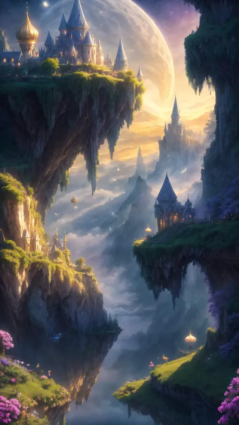 (high quality:1.4), (best quality:1.4), (masterpiece:1.4), official art, official wallpaper, surreal, beautiful goddess, (1woman:1.1), (long wavy hair:1.1), (flower crown:1.1), (mystical creatures:1.1), (floating islands:1.1), (detailed landscape:1.1), (magic in the air:1.1), (stardust:1.1), night sky, (whimsical atmosphere:1.1), (dreamlike world:1.1), (bubbles:1.1), flying books, (Luna moths:1.1), (moonlight:1.1), enchanted forest, (wisdom:1.1), (powerful energy:1.1), (guardian angels:1.1), (peaceful:1.1), vibrant colors, (detailed:1.05), (extremely detailed:1.06), sharp focus, (intricate:1.03), cinematic lighting, (extremely intricate:1.04), (epic scenery:1.09), vibrant colors, (beautiful scenery:1.08), (detailed scenery:1.08), (intricate scenery:1.07), (wonderful scenery:1.05),