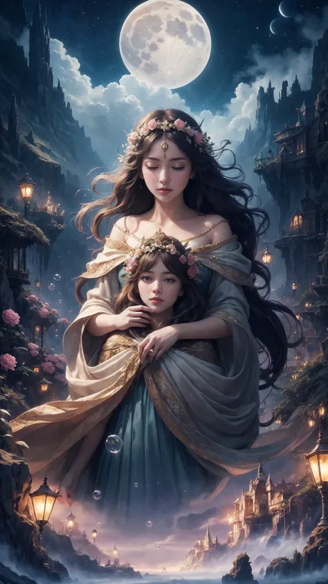 (high quality:1.4), (best quality:1.4), (masterpiece:1.4), official art, official wallpaper, surreal, beautifulgoddess, (1woman:1.1), (long wavy hair:1.1), (flower crown:1.1), (mystical creatures:1.1), (floating islands:1.1), (detailed landscape:1.1), (magic in the air:1.1), (stardust:1.1), night sky, (whimsical atmosphere:1.1), (dreamlike world:1.1), (bubbles:1.1), flying books, (luna moths:1.1), (moonlight:1.1), enchanted forest, (wisdom:1.1), (powerful energy:1.1), (guardian angels:1.1), (peaceful:1.1), (detailed:1.05), (extremely detailed:1.06), sharp focus, (intricate:1.03), cinematic lighting, (extremely intricate:1.04), (epic scenery:1.09), vibrant colors, (beautiful scenery:1.08), (detailed scenery:1.08), (intricate scenery:1.07), (wonderful scenery:1.05),