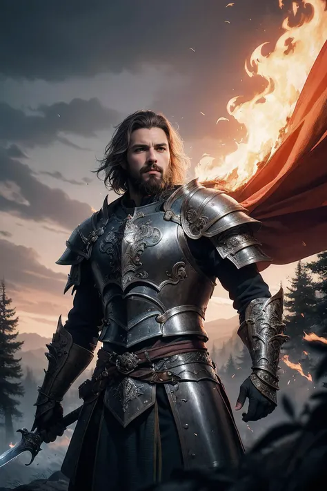 1boy, cowboy shot, (fantasy style:1.2), (High Quality:1.4), (Best Quality:1.4), (masterpiece:1.4), official art, official wallpaper, 4k textures, men, male, epic fantasy warrior, beard, detailed armor, (battle scars), (determined), sword and shield, (majestic altitude), (flying dragon:0.7), (forest background), (fire light at night), (flaming eyes), ornate armor, (glowing armor), smoke effects, silver, red, black, [perfect eyes:0.8], [perfect skin:0.8], [detailed face:0.8], [detailed eyes:0.8], [detailed hair:0.8], [detailed lips:0.8], (detailed:1.05), (extremely detailed:1.06), sharp focus, (intricate:1.03), (extremely intricate:1.04), low contrast, soft cinematic light, soothing tones, HDR, (Epic scenery:1.09), (beautiful scenery:1.08), (detailed scenery:1.08), (intricate scenery:1.07), (wonderful scenery:1.05),