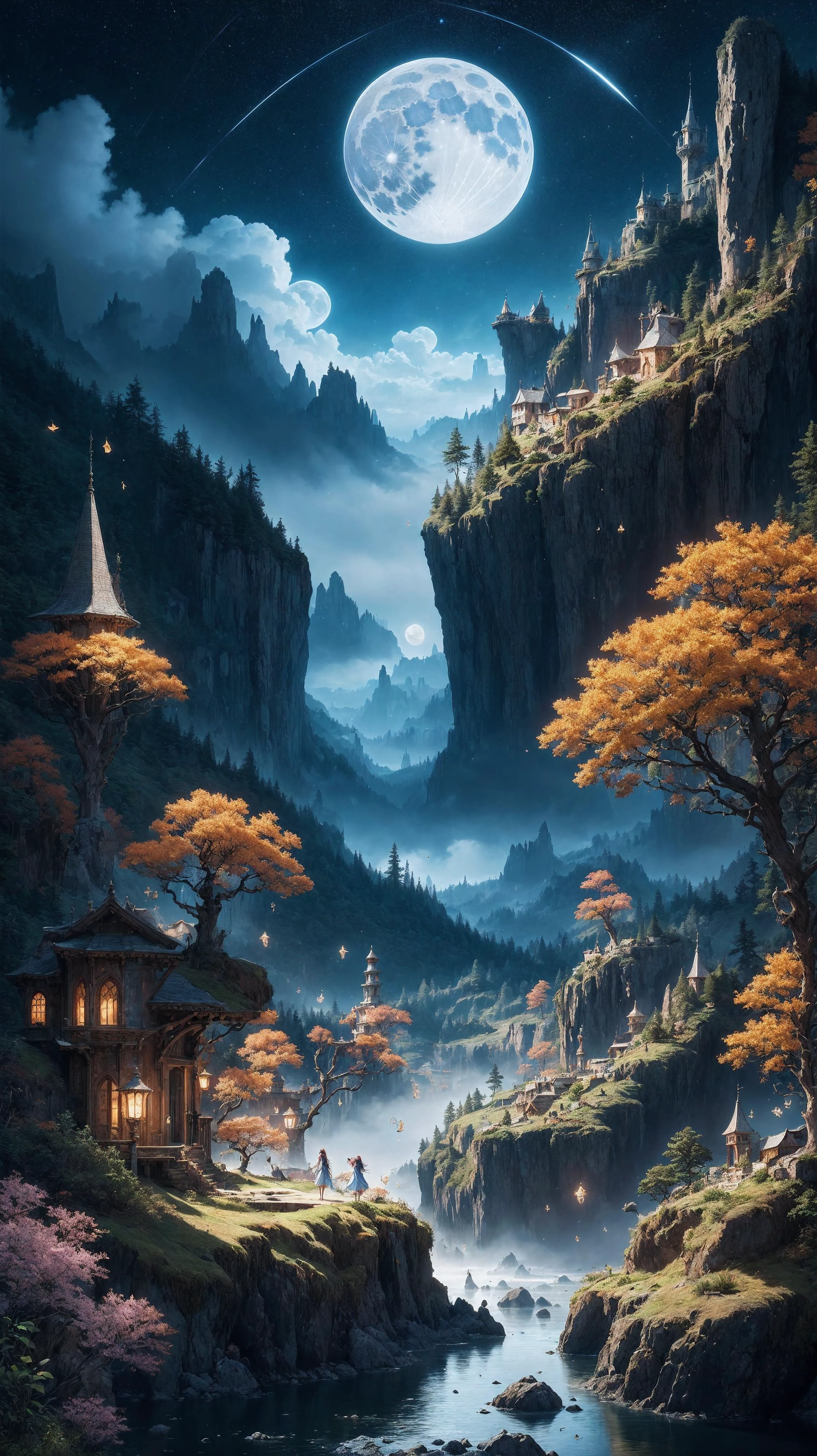 (high quality:1.4), (best quality:1.4), (masterpiece:1.4), official art, official wallpaper, surreal, beautifulgoddess, (1woman:1.1), (long wavy hair:1.1), (flower crown:1.1), (mystical creatures:1.1), (floating islands:1.1), (detailed landscape:1.1), (magic in the air:1.1), (stardust:1.1), night sky, (whimsical atmosphere:1.1), (dreamlike world:1.1), (bubbles:1.1), flying books, (luna moths:1.1), (moonlight:1.1), enchanted forest, (wisdom:1.1), (powerful energy:1.1), (guardian angels:1.1), (peaceful:1.1), vibrant colors, (detailed:1.05), (extremely detailed:1.06), sharp focus, (intricate:1.03), cinematic lighting, (extremely intricate:1.04), (epic scenery:1.09), vibrant colors, (beautiful scenery:1.08), (detailed scenery:1.08), (intricate scenery:1.07), (wonderful scenery:1.05),