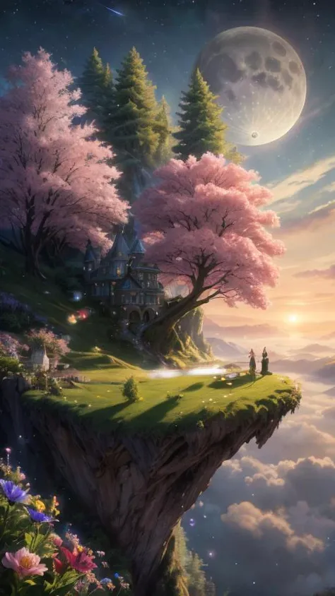 (high quality:1.4), (best quality:1.4), (masterpiece:1.4), official art, official wallpaper, surreal, beautiful goddess, (1woman:1.1), (long wavy hair:1.1), (flower crown:1.1), (mystical creatures:1.1), (floating islands:1.1), (detailed landscape:1.1), (magic in the air:1.1), (stardust:1.1), night sky, (whimsical atmosphere:1.1), (dreamlike world:1.1), (bubbles:1.1), flying books, (Luna moths:1.1), (moonlight:1.1), enchanted forest, (wisdom:1.1), (powerful energy:1.1), (guardian angels:1.1), (peaceful:1.1), vibrant colors, (detailed:1.05), (extremely detailed:1.06), sharp focus, (intricate:1.03), cinematic lighting, (extremely intricate:1.04), (epic scenery:1.09), vibrant colors, (beautiful scenery:1.08), (detailed scenery:1.08), (intricate scenery:1.07), (wonderful scenery:1.05),