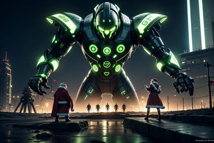 ai santa overlord pulling the strings on santa claus, giant ai monolith, dystopian background, cyber punk, neon, green, (masterpiece, best quality, highres, high resolution:1.2), extremely detailed, realistic, intricate details