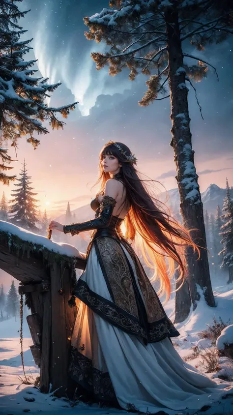 (masterpiece, high quality, best quality:1.2), fantasy style,
(1girl, woman), long hair, leather,
enchanted forest, wisdom, powerful energy, detailed landscape, magic in the air, stardust, night sky, whimsical atmosphere, dreamlike world, (christmas background), christmas costume,
extremely detailed, extremely intricate, fine texture, Extremely high-resolution details, detailed hair, sharp focus,  low contrast, soft cinematic light, (vibrant colors, dinamic colors:1.2), HDR, (Epic scenery:1.05), (beautiful scenery:1.05), (detailed scenery:1.05), (intricate scenery:1.05), (wonderful scenery:1.05),
