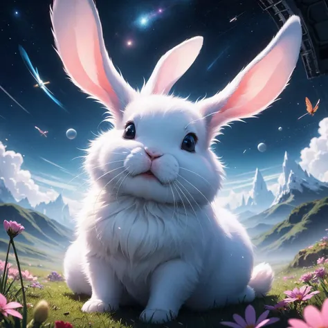 (High Quality:1.4), (Best Quality:1.4), (masterpiece:1.4), official art, official wallpaper, 4k textures,
cute, happy, colorful, whimsical, creative, imagination, ((1rabbit, bunny)), animal, furry, fluffy, floppy ears, twitching nose, big eyes, soft paws, cotton tail, carrot, grass, meadow, flowers, butterflies, fantasy world, magical forest, enchanted realm, dreamlike atmosphere, abstract shapes, swirling patterns, pastel colors, (gradient sky:blue:purple:pink), moonlit night, stars, constellations, celestial bodies, cosmic energy, space rabbit, intergalactic adventure, sci fi elements, futuristic technology, robots, aliens, spaceships, wormholes, nebula, galaxy clusters, supernovas, black holes, astronaut bunnies, zero gravity, floating vegetation, alien life forms, bio luminescent plants, crystalline structures, ice planets,
(High Quality:1.4), (Best Quality:1.4), (masterpiece:1.4), official art, official wallpaper, 4k textures, (detailed:1.05), (extremely detailed:1.06), sharp focus, (intricate:1.03), (extremely intricate:1.04), (Epic scenery:1.09), (beautiful scenery:1.08), (detailed scenery:1.08), (intricate scenery:1.07), (wonderful scenery:1.05), low contrast, soft cinematic light, soothing tones, HDR