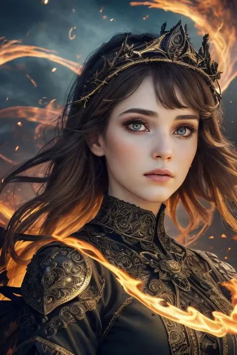 An award winning illustration, masterpiece, (wide shot:1.6), a (long shot:1.6) of a beautiful gothic angel, the universe explodes in violent colour behind her, giant flaming wings radiating light and energy grow from her shoulders, she wears an intricately detailed black dress, a crown of twigs and leaves on her head, (highly detailed:1.4) majestic, (beautiful face:1.2), godly, powerful, gothic futurism, ultra detailed, magical, best quality, trending, (realistic face highlights and shadows:1.4),