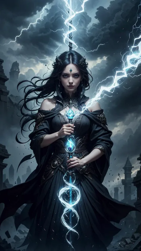 (High Quality:1.4), (Best Quality:1.4), (masterpiece:1.4), official art, official wallpaper, 4k textures,
Elegantly mystifying sorceress clad in flowing black robes embroidered with esoteric symbols in crimson thread, silvery fingers grasping staff topped with glowing gemstone pulsing rhythmically against shadowy backdrop, ethereal smoke billows outward from cauldron simmering mysteriously near ancient grimoire opened to reveal arcane incantations, flickering candles cast eerie light across veiled visage revealing piercing emerald eyes framed by raven hair cascading freely down slender shoulders shrouded beneath layers of diaphanous fabric, powerful magic emanates undeniably through gesticulating arms raising forth storm clouds gathering strength overhead threatening tempestuous weather ahead, thundering clouds rumble menacingly portending imminent danger as witch stands stoically prepared meet fate head-onâ¦
(detailed:1.05), (extremely detailed:1.06), sharp focus, (intricate:1.03), (extremely intricate:1.04), low contrast, soft cinematic light, soothing tones, HDR, (Epic scenery:1.09), (beautiful scenery:1.08), (detailed scenery:1.08), (intricate scenery:1.07), (wonderful scenery:1.05), beautiful face, [perfect eyes:0.5], [perfect skin:0.8], [detailed face:0.8], [detailed eyes:0.8], [detailed hair:0.8], [detailed lips:0.8]  <lora:CreationMagic-21:0.4> creationmagic, <lora:Adventurers_v20:0.4>,  <lora:Concept - Electromancer_v1.1:0.4>, thunder