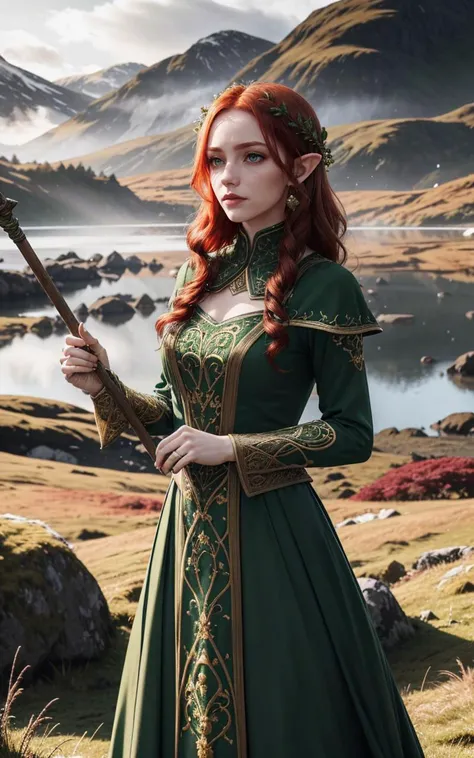 outdoor Scottish highlands, vivid sunset hues, fantasy setting. A striking redhead woman, (distinctly Scottish), wearing an elaborate elven inspired gown is a fusion of deep emerald green and earthy browns, with intricate Celtic knotwork embroidery in gold thread, Flowing sleeves, a fitted bodice+, short skirt , fiery red hair is styled in a cascade of loose curls, green eye, stands atop a grassy knoll, overlooking a misty loch. In her hands, she holds an ancient, rune carved staff, emanating a soft, other worldly glow.,