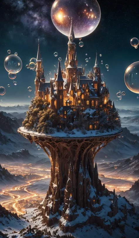 (high quality:1.4), (best quality:1.4), (masterpiece:1.4), official art, official wallpaper, surreal, (detailed landscape:1.1), (whimsical atmosphere:1.1), (powerful energy:1.1), (peaceful:1.1), vibrant colors, (detailed:1.05), (extremely detailed:1.06), sharp focus, (intricate:1.03), cinematic lighting, (extremely intricate:1.04), (epic scenery:1.09), (beautiful scenery:1.08), (detailed scenery:1.08), (intricate scenery:1.07), (wonderful scenery:1.05),(sharp focus,high quality,masterpiece,best quality:1.5),
BREAK
valley, night, detailed,  magical atmosphere,winter,glowing lights,(stardust:1.1), night sky, (whimsical atmosphere:1.1), (dreamlike world:1.1), (bubbles:1.1)